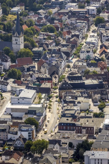 Aerial view, pedestrian zone, city centre, market place, old town hall, catholic church St. Vincenz, Menden, Sauerland, Märkischer Kreis, North Rhine-Westphalia, Germany, place of worship, City, DE, shopping square, shopping street, shopping centre, Europe, religious community, house of worship, local history museum, church, parish, church square, denomination, cultural history, aerial view, aerial photography, aerial photography, museum, local view, religion, townscape, city centre, overview, bird's-eye view, birds-eyes view, overview, north gate, south gate, main street, pedestrian area, new pedestrian zone