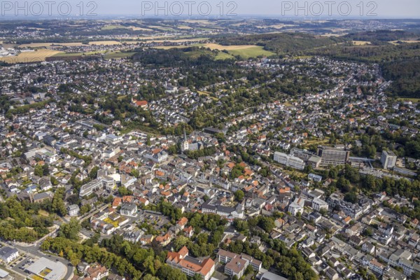 Aerial view, cityscape, pedestrian zone, city centre, market place, old town hall, catholic church St. Vincenz, St. Vincenz Krankenhaus, Menden, Sauerland, Märkischer Kreis, North Rhine-Westphalia, Germany, place of worship, city, DE, shopping square, shopping street, shopping centre, Europe, distant view, healthcare, religious community, place of worship, museum of local history, hospital, church, parish, church square, clinic, clinic, denomination, hospital, cultural history, aerial view, aerial photography, aerial photography, medical facility, medical aid, museum, emergency service, town hall, religion, townscape, city area, city centre, overview, bird's-eye view, forest area, birds-eyes view, overview, medical care