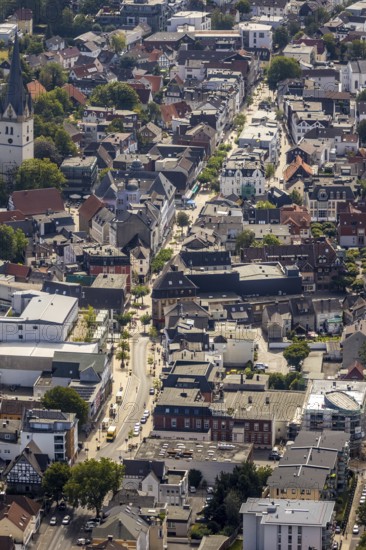 Aerial view, pedestrian zone, city centre, market place, old town hall, catholic church St. Vincenz, Menden, Sauerland, Märkischer Kreis, North Rhine-Westphalia, Germany, place of worship, City, DE, shopping square, shopping street, shopping centre, Europe, religious community, house of worship, local history museum, church, parish, church square, denomination, cultural history, aerial view, aerial photography, aerial photography, museum, local view, religion, townscape, city gate, city centre, overview, bird's-eye view, birds-eyes view, overview, north gate, south gate, main street, pedestrian precinct, new pedestrian precinct