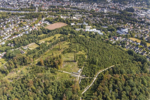 Aerial view, Windthorststraße school centre, Städt. Comprehensive school Menden, school Am Gelben Morgen, municipal secondary school Menden, sports hall, sports field Gisbert-Kranz-Platz, cleared forest areas Waldemei, Menden, Sauerland, Märkischer Kreis, North Rhine-Westphalia, Germany, education, educational institution, DE, Europe, Menden fire and rescue station, football pitch, comprehensive school, secondary school, educational institute, aerial view, aerial photography, aerial photography, secondary school, school, sports, sports facilities, sports field, sports facility, overview, bird's eye view, birds-eyes view, cleared forest areas, overview