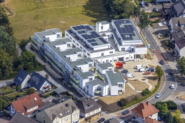 Aerial photo, construction site, Heidestrasse development area, Menden, Sauerland, Märkischer Kreis, North Rhine-Westphalia, Germany, construction work, construction area, building site, building plots, construction project, construction site, DE, Europe, property tax, real estate, aerial photography, aerial photography, aerial photography, new construction, photovoltaic, photovoltaic system, solar, solar system, solar energy, solar energy, overview, bird's-eye view, residential complex, living and living, residential area, residential buildings, residential quality, residential neighbourhood, housing estate, birds-eyes view, overview