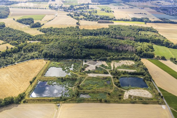 Aerial view, former sewage sludge landfill, Menden, Sauerland, Märkischer Kreis, North Rhine-Westphalia, Germany, DE, landfill, Europe, shapes and colours, aerial view, aerial photography, aerial photography, Obere Heidestraße, overview, bird's-eye view, meadows and fields, birds-eyes view, overview