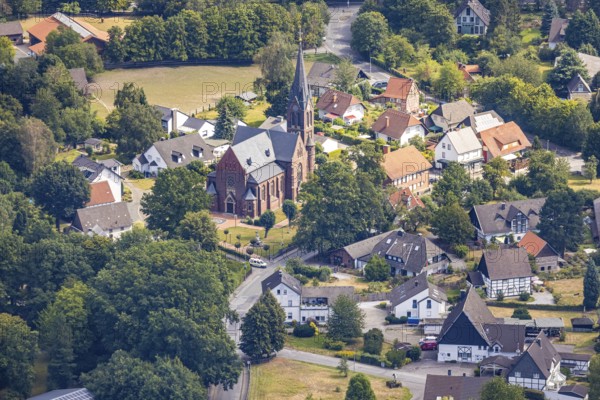 Aerial view, catholic church St. Antonius Einsiedler, Halinger Dorfstraße, Antoniuskirchplatz, Menden, Sauerland, Märkischer Kreis, North Rhine-Westphalia, Germany, place of worship, DE, Europe, religious community, church, parish, denomination, aerial view, aerial photography, aerial photography, aerial photography, religion, overview, bird's-eye view, birds-eyes view, overview