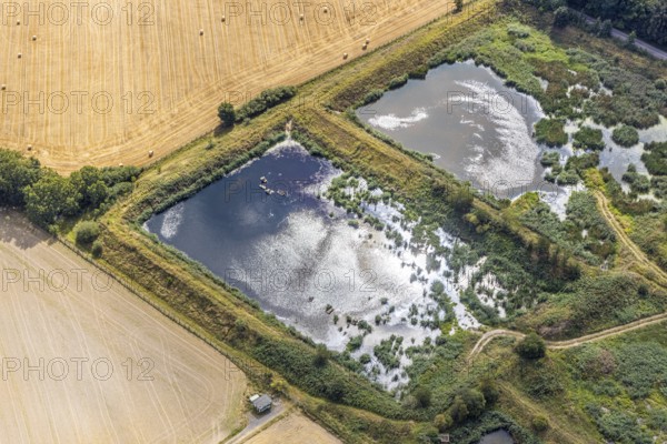 Aerial view, former sewage sludge landfill, Menden, Sauerland, Märkischer Kreis, North Rhine-Westphalia, Germany, DE, landfill, Europe, shapes and colours, aerial view, aerial photography, aerial photography, Obere Heidestraße, overview, bird's-eye view, meadows and fields, birds-eyes view, overview