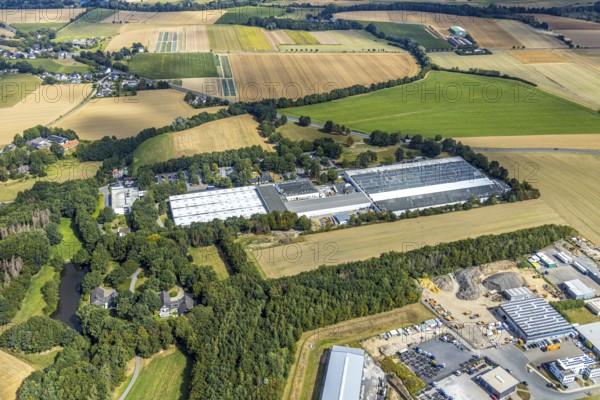 Aerial view, BEGA Gantenbrink-Leuchten company campus, Menden, Sauerland, Märkischer Kreis, North Rhine-Westphalia, Germany, DE, Europe, Hennenbusch, aerial view, aerial photography, aerial photography, overview, bird's-eye view, woodland, meadows and fields, birds-eyes view, overview