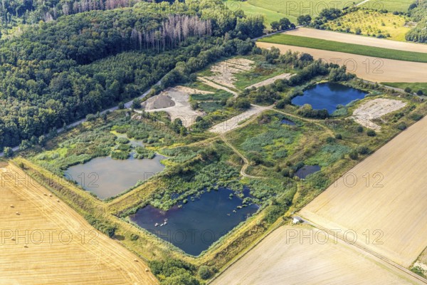 Aerial view, former sewage sludge landfill, Menden, Sauerland, Märkischer Kreis, North Rhine-Westphalia, Germany, DE, landfill, Europe, aerial view, aerial photography, aerial photography, Obere Heidestraße, overview, bird's-eye view, meadows and fields, birds-eyes view, overview