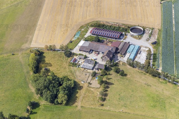 Aerial view, farm Am Riekenbrauck, Menden, Sauerland, Märkischer Kreis, North Rhine-Westphalia, Germany, DE, Europe, agriculture, agricultural fields, agricultural business, aerial view, aerial photography, aerial photography, photovoltaics, photovoltaic system, solar, solar system, solar energy, solar energy, overview, bird's-eye view, meadows and fields, birds-eyes view, overview