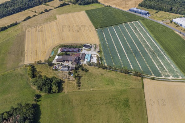 Aerial view, farm Am Riekenbrauck, Menden, Sauerland, Märkischer Kreis, North Rhine-Westphalia, Germany, DE, Europe, agriculture, agricultural fields, agricultural business, aerial view, aerial photography, aerial photography, photovoltaics, photovoltaic system, solar, solar system, solar energy, solar energy, overview, bird's-eye view, meadows and fields, birds-eyes view, overview