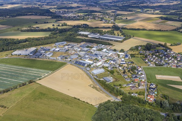 Aerial view, local view Holzen, BEGA Gantenbrink-Leuchten company campus, Menden, Sauerland, Märkischer Kreis, North Rhine-Westphalia, Germany, DE, Europe, property tax, real estate, aerial view, aerial photography, aerial photography, overview, bird's-eye view, meadows and fields, residential area, living and living, residential area, residential buildings, quality of life, residential neighbourhood, housing estate, birds-eyes view, overview