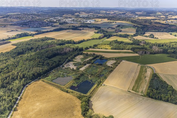 Aerial view, former sewage sludge landfill, Menden, Sauerland, Märkischer Kreis, North Rhine-Westphalia, Germany, DE, landfill, Europe, aerial view, aerial photography, aerial photography, Obere Heidestraße, overview, bird's-eye view, meadows and fields, birds-eyes view, overview