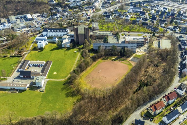 Aerial view, Königsmünster Abbey, Benedictine grammar school, abbey church, sports field, Meschede, Sauerland, North Rhine-Westphalia, Germany, place of worship, Benedictine Congregation of St. Ottilien, education, educational institution, DE, Europe, football pitch, religious community, place of worship, grammar school, church, parish, monastery, monastery hill, denomination, educational institute, aerial view, aerial photography, aerial photography, religion, school, pastoral care, sports facilities, sports facility, overview, bird's-eye view, birds-eyes view, overview