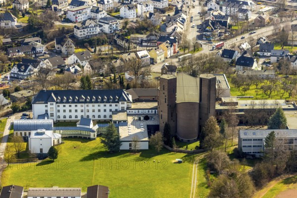 Aerial view, Königsmünster Abbey, abbey church, Meschede, Sauerland, North Rhine-Westphalia, Germany, place of worship, Benedictine Congregation of St. Ottilien, DE, Europe, religious community, place of worship, church, parish, monastery, monastery hill, denomination, aerial photograph, aerial photography, aerial photography, religion, pastoral care, overview, bird's-eye view, bird's-eye view, overview
