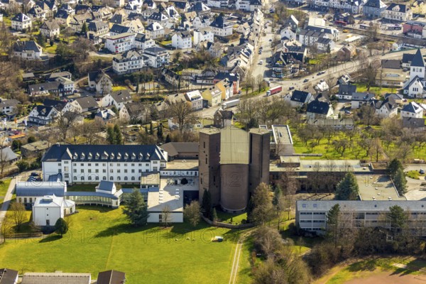 Aerial view, Königsmünster Abbey, abbey church, Meschede, Sauerland, North Rhine-Westphalia, Germany, place of worship, Benedictine Congregation of St. Ottilien, DE, Europe, religious community, place of worship, church, parish, monastery, monastery hill, denomination, aerial photograph, aerial photography, aerial photography, religion, pastoral care, overview, bird's-eye view, bird's-eye view, overview