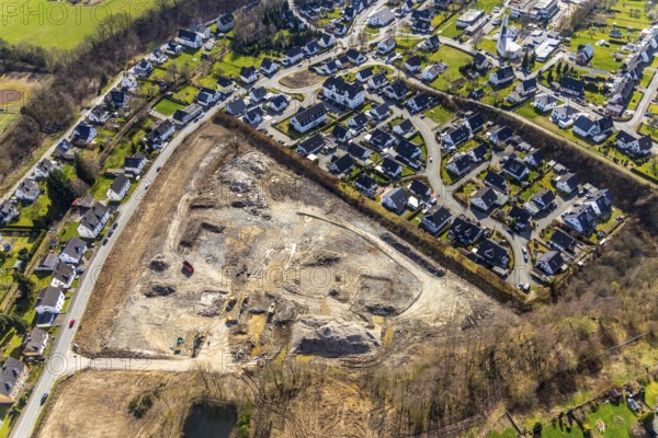 Aerial view, construction area residential development Waldstraße, former concrete plant Waldstraße, Meschede, Sauerland, North Rhine-Westphalia, Germany, construction work, construction vehicles, construction area, building site, building plots, construction measure, construction project, construction site, DE, development, Europe, property tax, real estate, capacity requirement, aerial photograph, aerial photography, aerial photography, overview, bird's eye view, residential complex, living and living, residential area, residential buildings, residential quality, residential neighbourhood, housing estate, birds-eyes view, overview