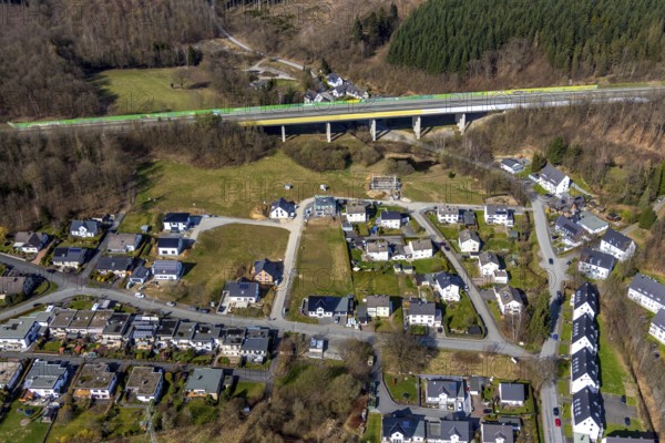 Aerial view, new development area Schützenhaus-Nord, Liegnitzer Straße, Görtlitzer Straße, Meschede, Sauerland, North Rhine-Westphalia, Germany, motorway A46, construction work, construction area, building site, building plots, construction project, construction site, DE, development, Europe, property tax, real estate, capacity requirements, aerial view, aerial photography, aerial photography, new construction, overview, bird's-eye view, residential complex, living and living, residential area, residential buildings, residential quality, residential neighbourhood, housing estate, birds-eyes view, overview