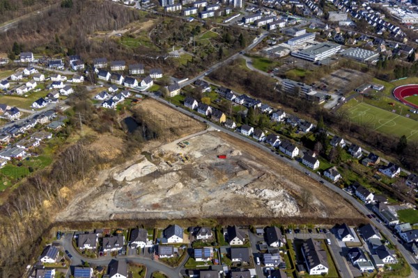 Aerial view, construction area residential development Waldstraße, former concrete plant Waldstraße, Meschede, Sauerland, North Rhine-Westphalia, Germany, construction work, construction vehicles, construction area, building site, building plots, construction measure, construction project, construction site, DE, development, Europe, property tax, real estate, capacity requirement, aerial photograph, aerial photography, aerial photography, overview, bird's eye view, residential complex, living and living, residential area, residential buildings, residential quality, residential neighbourhood, housing estate, birds-eyes view, overview
