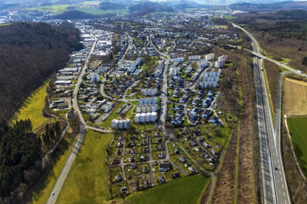 Aerial view, residential area local view garden city, Fachhochschule Südwestfalen, allotment garden eV Gartenstadt-Meschede, Meschede, Sauerland, North Rhine-Westphalia, Germany, motorway A46, DE, Europe, community garden, commercial enterprises, commercial area, commercial area, commercial area Im Schwarzen Bruch, business park, commercial location, commercial use, property tax, high-rise buildings, real estate, allotment garden, allotment garden site, allotment garden association, aerial view, aerial photography, aerial photography, terraced houses, allotment garden, overview, university, bird's-eye view, residential area, housing and living, residential area, residential buildings, residential quality, residential neighbourhood, housing estate, birds-eyes view, overview