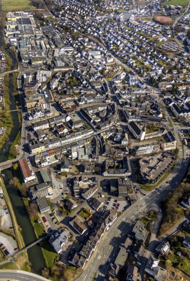 Aerial view, city centre view, river Ruhr, citizens' office Meschede, catholic parish church St. Walburga, Meschede, Sauerland, North Rhine-Westphalia, Germany, place of worship, district administration, bridge, citizens' office, city, DE, shopping centre, Europe, volunteer fire brigade city of Meschede, religious community, place of worship, property tax, real estate, city centre, church, parish, denomination, aerial view, aerial photography, aerial photography, apartment buildings, apartment buildings, local view, religion, Ruhrstraße, townscape, city area, city administration, city centre, overview, bird's-eye view, residential complex, living and life, residential area, residential buildings, birds-eyes view, overview