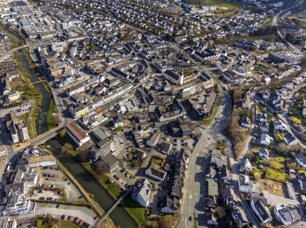Aerial view, city centre view, river Ruhr, citizens' office Meschede, catholic parish church St. Walburga, Meschede, Sauerland, North Rhine-Westphalia, Germany, place of worship, district administration, bridge, citizens' office, city, DE, shopping centre, Europe, volunteer fire brigade city of Meschede, religious community, place of worship, property tax, real estate, city centre, church, parish, denomination, aerial view, aerial photography, aerial photography, apartment buildings, apartment buildings, local view, religion, Ruhrstraße, townscape, city area, city administration, city centre, overview, bird's-eye view, residential complex, living and life, residential area, residential buildings, birds-eyes view, overview