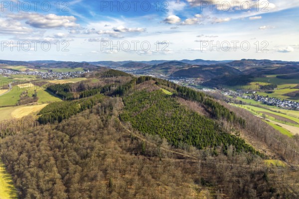 Aerial view, hilly landscape forest area at the garden city, Meschede, Sauerland, North Rhine-Westphalia, Germany, DE, Europe, distant view, hilly landscape, aerial view, aerial photography, aerial photography, overview, bird's-eye view, forest area, birds-eyes view, overview