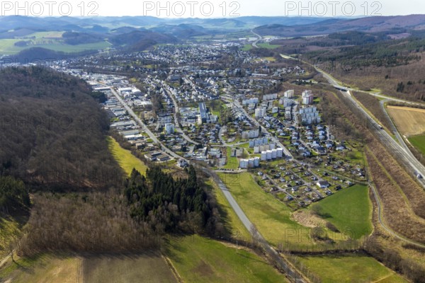 Aerial view, residential area local view garden city, Fachhochschule Südwestfalen, allotment garden eV Gartenstadt-Meschede, Meschede, Sauerland, North Rhine-Westphalia, Germany, motorway A46, DE, Europe, community garden, commercial enterprises, commercial area, commercial area, commercial area Im Schwarzen Bruch, business park, commercial location, commercial use, property tax, high-rise buildings, real estate, allotment garden, allotment garden site, allotment garden association, aerial view, aerial photography, aerial photography, terraced houses, allotment garden, overview, university, bird's-eye view, residential area, housing and living, residential area, residential buildings, residential quality, residential neighbourhood, housing estate, birds-eyes view, overview