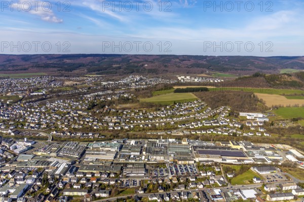 Aerial view, commercial area Fritz-Honsel-Straße, residential area Hünenburgstraße, Meschede, Sauerland, North Rhine-Westphalia, Germany, DE, Europe, distant view, commercial enterprises, commercial area, commercial park, commercial location, commercial use, property tax, Hünenburgstraße, real estate, industrial area, industrial location, aerial view, aerial photography, aerial photography, overview, bird's-eye view, forest area, residential area, living and living, residential area, residential buildings, quality of living, birds-eyes view, overview