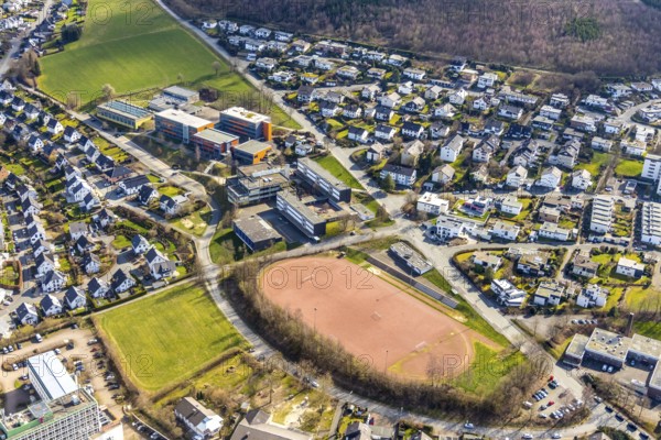 Aerial view, Gymnasium der Stadt Meschede, sports facilities, Löttmaringhausen, Meschede, Sauerland, North Rhine-Westphalia, Germany, education, educational institution, DE, Europe, football pitch, property tax, grammar school, real estate, educational institute, aerial photography, aerial photography, terraced houses, Schederweg, school, sports, sports field, sports facility, overview, bird's eye view, residential complex, residential area, residential buildings, residential quality, residential neighbourhood, housing estate, birds-eyes view, overview