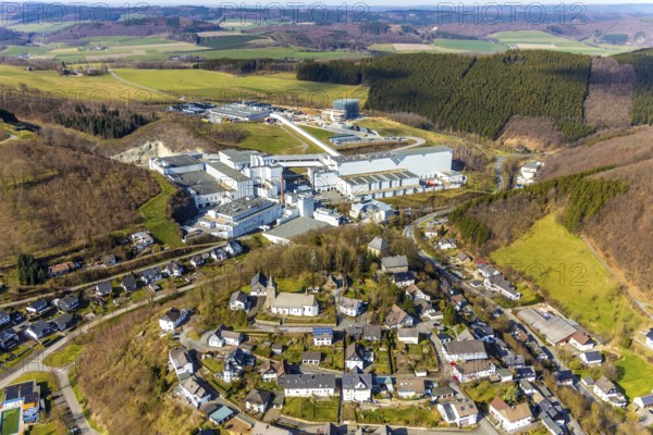 Aerial view, Brewery C.& A. VELTINS GmbH & Co. KG, new high-bay warehouse, Grevenstein, Meschede, Sauerland, North Rhine-Westphalia, Germany, An der Streue, construction work, construction site, construction crane, construction measure, construction project, construction site, brewery, DE, Europe, beverage manufacturer, hilly landscape, capacity requirement, aerial view, aerial photography, aerial photography, new building, overview, Veltins, bird's eye view, forest area, meadows and fields, bird's eye view, overview