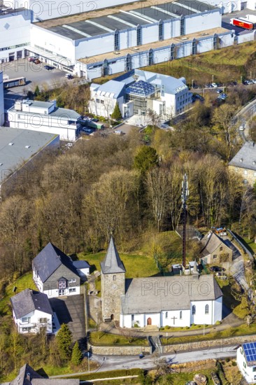 Aerial view, St. Antonius Einsiedler Church, company building Veltins Brewery, Grevenstein, Meschede, Sauerland, North Rhine-Westphalia, Germany, place of worship, DE, Europe, religious community, place of worship, church, parish, denomination, aerial photograph, aerial photography, aerial photography, religion, overview, bird's-eye view, overview