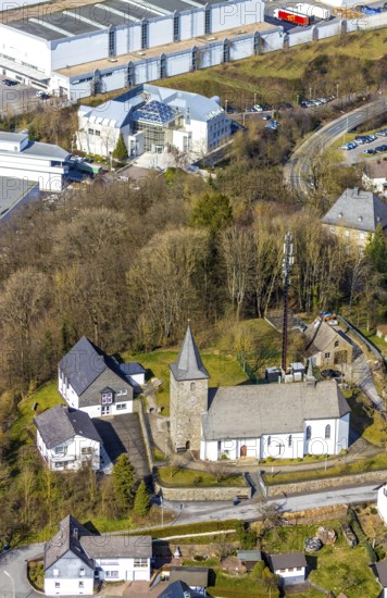 Aerial view, St. Antonius Einsiedler Church, company building Veltins Brewery, Grevenstein, Meschede, Sauerland, North Rhine-Westphalia, Germany, place of worship, DE, Europe, religious community, place of worship, church, parish, denomination, aerial photograph, aerial photography, aerial photography, religion, overview, bird's-eye view, overview