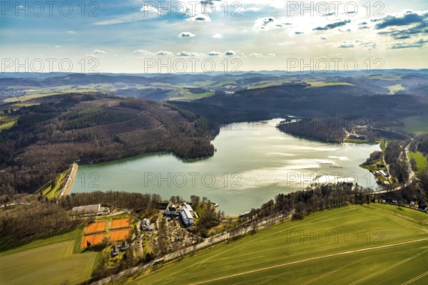 Aerial view, Hennetalsperre, Hennesee, Welcome Hotel Meschede Hennesee, Meschede, Sauerland, North Rhine-Westphalia, Germany, DE, food and drink, Europe, distant view, shapes and colours, inn, gastronomy, Hennedamm, hotel, hotel facilities, hotel industry, hilly landscape, landscape panorama, aerial view, aerial photography, aerial photography, mixed forest, coniferous forest, sport, dam wall, reservoir, dam, tennis, tennis facility, tennis courts, overview, bird's-eye view, forest, forest area, forest dieback, Welcome Hotel Meschede/Hennesee, birds-eyes view, overview