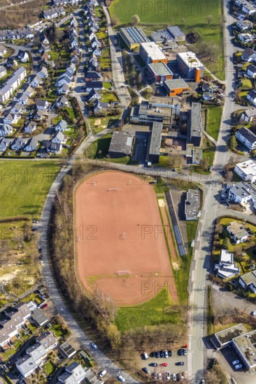 Aerial view, Gymnasium der Stadt Meschede, sports facilities, Löttmaringhausen, Meschede, Sauerland, North Rhine-Westphalia, Germany, education, educational institution, DE, Europe, football pitch, property tax, grammar school, real estate, educational institute, aerial photography, aerial photography, terraced houses, Schederweg, school, sports, sports field, sports facility, overview, bird's eye view, residential complex, residential area, residential buildings, residential quality, residential neighbourhood, housing estate, birds-eyes view, overview