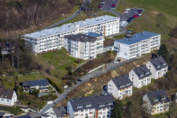 Aerial view, day care DRK Meschede, Meschede, Sauerland, North Rhine-Westphalia, Germany, DE, Europe, non-profit organisation, health care, Hünenburgstraße, aerial view, aerial photography, aerial photography, medical facility, medical aid, overview, bird's-eye view, overview, medical care