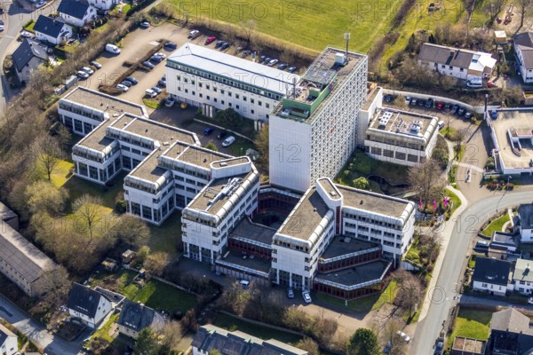Aerial photo, Telekom Meschede, Meschede, Sauerland, North Rhine-Westphalia, Germany, DE, Europe, Feldstrasse, communication, aerial photography, aerial photography, aerial photography, telecommunications company, overview, bird's eye view, birds-eyes view, overview
