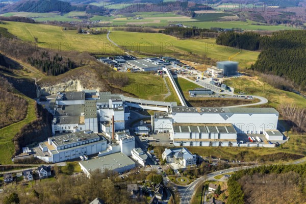 Aerial view, Brewery C.& A. VELTINS GmbH & Co. KG, new high-bay warehouse, Grevenstein, Meschede, Sauerland, North Rhine-Westphalia, Germany, An der Streue, construction work, construction site, construction crane, construction measure, construction project, construction site, brewery, DE, Europe, beverage manufacturer, hilly landscape, capacity requirement, aerial view, aerial photography, aerial photography, new building, overview, Veltins, bird's eye view, forest area, meadows and fields, bird's eye view, overview
