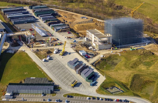 Aerial view, Brewery C.& A. VELTINS GmbH & Co. KG, new construction high-bay warehouse, Grevenstein, Meschede, Sauerland, North Rhine-Westphalia, Germany, An der Streue, construction work, construction site, construction crane, construction measure, construction project, construction site, brewery, DE, Europe, beverage manufacturer, capacity requirements, aerial view, aerial photography, aerial photography, new construction, overview, Veltins, bird's eye view, birds-eyes view, overview