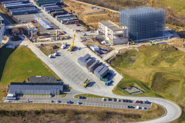 Aerial view, Brewery C.& A. VELTINS GmbH & Co. KG, new construction high-bay warehouse, Grevenstein, Meschede, Sauerland, North Rhine-Westphalia, Germany, An der Streue, construction work, construction site, construction crane, construction measure, construction project, construction site, brewery, DE, Europe, beverage manufacturer, capacity requirements, aerial view, aerial photography, aerial photography, new construction, overview, Veltins, bird's eye view, birds-eyes view, overview