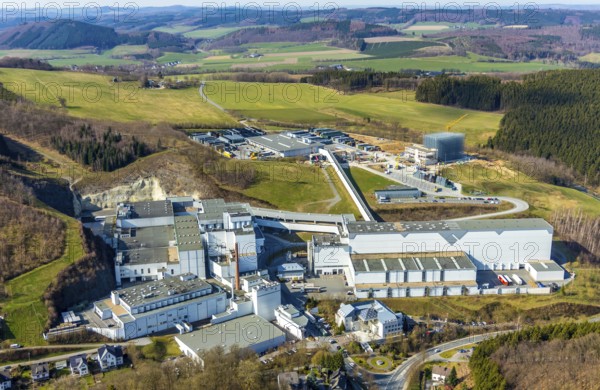 Aerial view, Brewery C.& A. VELTINS GmbH & Co. KG, new high-bay warehouse, Grevenstein, Meschede, Sauerland, North Rhine-Westphalia, Germany, An der Streue, construction work, construction site, construction crane, construction measure, construction project, construction site, brewery, DE, Europe, beverage manufacturer, hilly landscape, capacity requirement, aerial view, aerial photography, aerial photography, new building, overview, Veltins, bird's eye view, forest area, meadows and fields, bird's eye view, overview