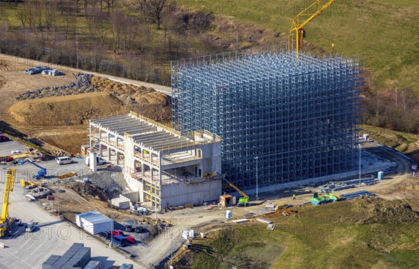 Aerial view, Brewery C.& A. VELTINS GmbH & Co. KG, new construction high-bay warehouse, Grevenstein, Meschede, Sauerland, North Rhine-Westphalia, Germany, An der Streue, construction work, construction site, construction crane, construction measure, construction project, construction site, brewery, DE, Europe, beverage manufacturer, capacity requirements, aerial view, aerial photography, aerial photography, new construction, overview, Veltins, bird's eye view, birds-eyes view, overview