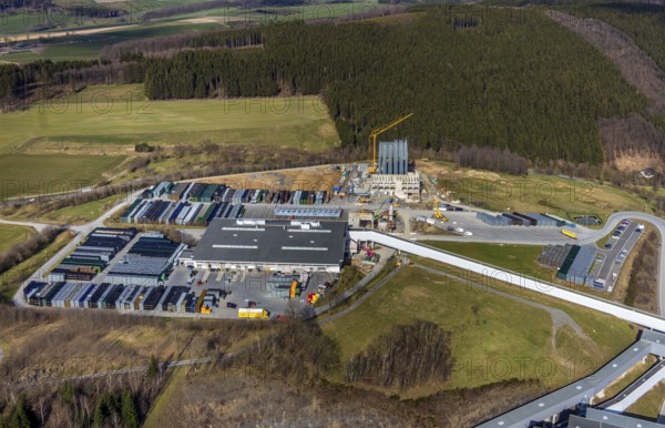 Aerial view, Brewery C.& A. VELTINS GmbH & Co. KG, new construction high-bay warehouse, Grevenstein, Meschede, Sauerland, North Rhine-Westphalia, Germany, An der Streue, construction work, construction site, construction crane, construction measure, construction project, construction site, brewery, DE, Europe, beverage manufacturer, capacity requirements, aerial view, aerial photography, aerial photography, new construction, overview, Veltins, bird's eye view, birds-eyes view, overview
