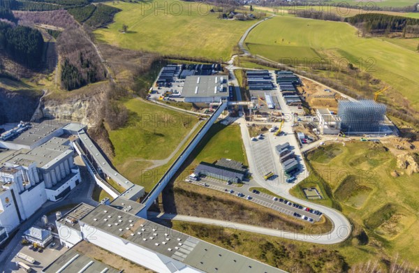 Aerial view, Brewery C.& A. VELTINS GmbH & Co. KG, new construction high-bay warehouse, Grevenstein, Meschede, Sauerland, North Rhine-Westphalia, Germany, An der Streue, construction work, construction site, construction crane, construction measure, construction project, construction site, brewery, DE, Europe, beverage manufacturer, capacity requirements, aerial view, aerial photography, aerial photography, new construction, overview, Veltins, bird's eye view, birds-eyes view, overview