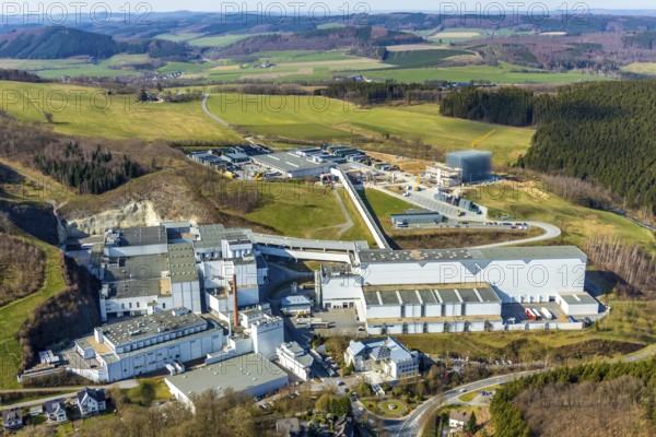 Aerial view, Brewery C.& A. VELTINS GmbH & Co. KG, new high-bay warehouse, Grevenstein, Meschede, Sauerland, North Rhine-Westphalia, Germany, An der Streue, construction work, construction site, construction crane, construction measure, construction project, construction site, brewery, DE, Europe, beverage manufacturer, hilly landscape, capacity requirement, aerial view, aerial photography, aerial photography, new building, overview, Veltins, bird's eye view, forest area, meadows and fields, bird's eye view, overview