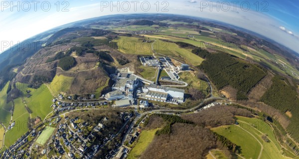 Aerial view, Brewery C.& A. VELTINS GmbH & Co. KG, new high-bay warehouse, super wide angle, Grevenstein, Meschede, Sauerland, North Rhine-Westphalia, Germany, An der Streue, construction work, construction site, construction crane, construction measure, construction project, construction site, brewery, DE, earth curvature, Europe, fisheye image, beverage manufacturer, hilly landscape, capacity requirement, aerial view, aerial photography, aerial photography, new building, super wide angle, overview, Veltins, bird's eye view, forest area, meadows and fields, birds-eyes view, overview