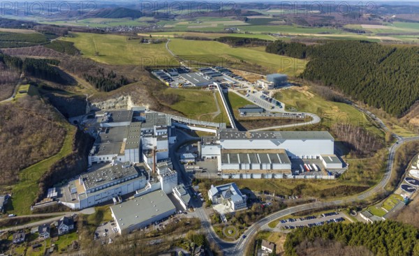 Aerial view, Brewery C.& A. VELTINS GmbH & Co. KG, new high-bay warehouse, Grevenstein, Meschede, Sauerland, North Rhine-Westphalia, Germany, An der Streue, construction work, construction site, construction crane, construction measure, construction project, construction site, brewery, DE, Europe, beverage manufacturer, hilly landscape, capacity requirement, aerial view, aerial photography, aerial photography, new building, overview, Veltins, bird's eye view, forest area, meadows and fields, bird's eye view, overview