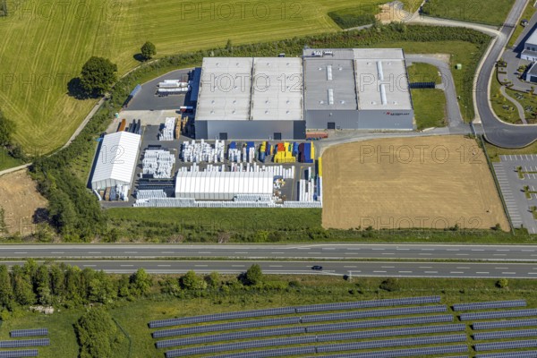 Aerial view, industrial park Enste Nord, Meschede, Sauerland, North Rhine-Westphalia, Germany, motorway A46, motorway junction Enste, DE, Europe, commercial enterprises, commercial area, commercial park, commercial location, commercial use, Hochsauerlandkreis, industrial area, industrial location, aerial view, aerial photography, aerial photography, solar park Enste, overview, bird's-eye view, bird's-eye view, overview