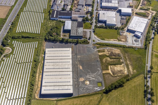 Aerial view, industrial estate Enste Nord, new building logistics centre Briloner Leuchten GmbH, Meschede, Sauerland, North Rhine-Westphalia, Germany, motorway A46, motorway junction Enste, DE, Europe, commercial enterprises, commercial area, industrial estate, commercial park, commercial location, commercial use, Hochsauerlandkreis, industrial area, industrial location, aerial view, aerial photography, aerial photography, solar park Enste, overview, bird's-eye view, overview