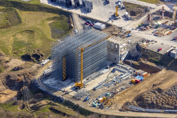 Aerial view, Brewery C.& A. VELTINS GmbH & Co. KG, new construction high-bay warehouse, Grevenstein, Meschede, Sauerland, North Rhine-Westphalia, Germany, An der Streue, construction work, construction site, construction crane, construction measure, construction project, construction site, brewery, DE, Europe, beverage manufacturer, capacity requirements, aerial view, aerial photography, aerial photography, new construction, overview, Veltins, bird's eye view, birds-eyes view, overview