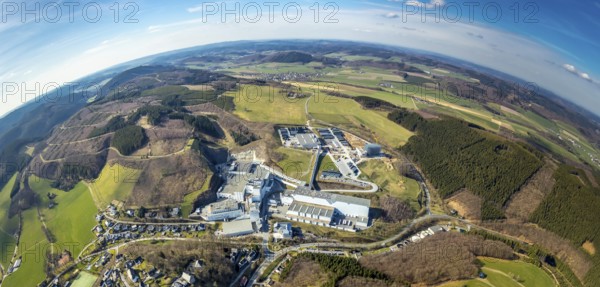 Aerial view, Brewery C.& A. VELTINS GmbH & Co. KG, new high-bay warehouse, super wide angle, Grevenstein, Meschede, Sauerland, North Rhine-Westphalia, Germany, An der Streue, construction work, construction site, construction crane, construction measure, construction project, construction site, brewery, DE, earth curvature, Europe, fisheye image, beverage manufacturer, hilly landscape, capacity requirement, aerial view, aerial photography, aerial photography, new building, super wide angle, overview, Veltins, bird's eye view, forest area, meadows and fields, birds-eyes view, overview