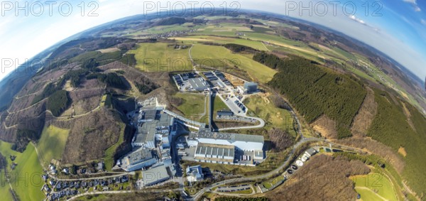 Aerial view, Brewery C.& A. VELTINS GmbH & Co. KG, new high-bay warehouse, super wide angle, Grevenstein, Meschede, Sauerland, North Rhine-Westphalia, Germany, An der Streue, construction work, construction site, construction crane, construction measure, construction project, construction site, brewery, DE, earth curvature, Europe, fisheye image, beverage manufacturer, hilly landscape, capacity requirement, aerial view, aerial photography, aerial photography, new building, super wide angle, overview, Veltins, bird's eye view, forest area, meadows and fields, birds-eyes view, overview