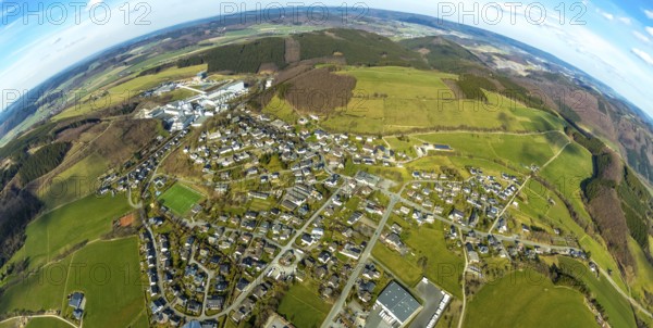 Aerial view, View of Grevenstein, Brewery C.& A. VELTINS GmbH & Co. KG, new high-bay warehouse, super wide angle, Grevenstein, Meschede, Sauerland, North Rhine-Westphalia, Germany, An der Streue, construction work, construction site, construction crane, construction measure, construction project, construction site, brewery, DE, earth curvature, Europe, fisheye image, beverage manufacturer, property tax, hilly landscape, real estate, capacity requirement, aerial view, aerial photography, aerial photography, new building, super wide angle, overview, Veltins, bird's eye view, forest area, meadows and fields, residential complex, living and life, residential area, residential buildings, quality of life, birds-eyes view, overview